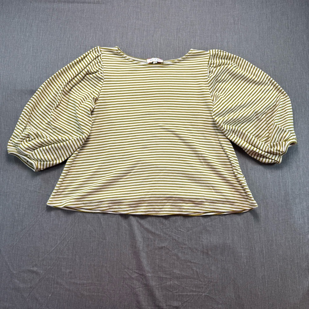Eri + Ali Top Women’s Small White Yellow Striped 3/4 Balloon Sleeve Blouse Shirt